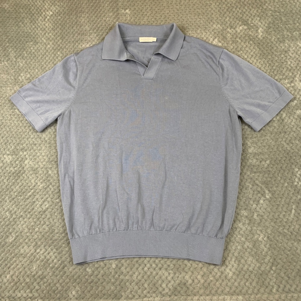 Suitsupply Mens XL Light Blue Cotton Silk Knit Polo Shirt V-Neck Short Sleeve